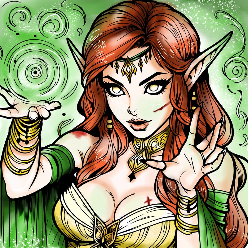 realistic scary beautiful elf sorceress casting spell