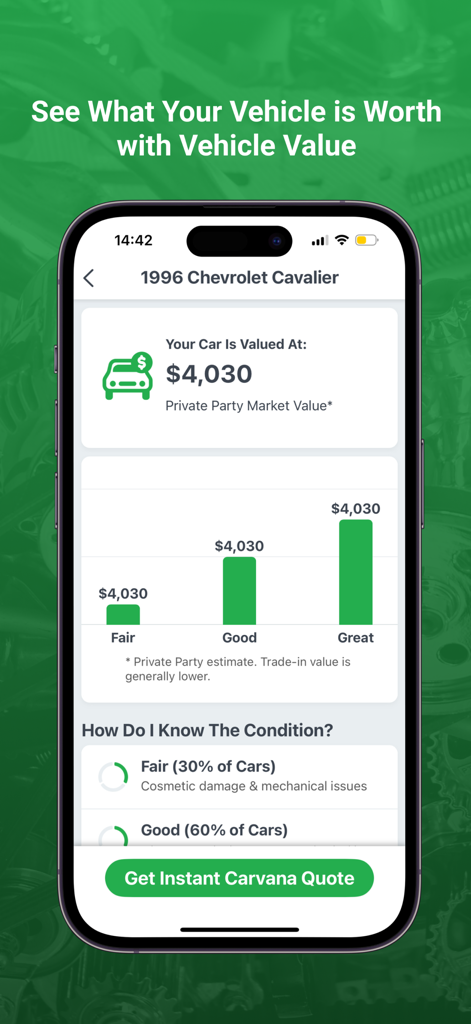 FIXD OBD2 Scanner - FIXDアプリ画面に、車の状態に基づいた市場価値が表示され、Carvanaの見積もりオプションがあります
