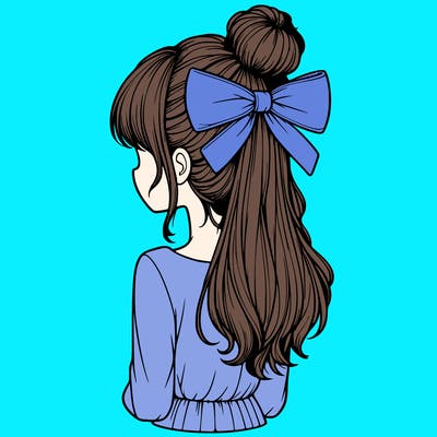 realistic girl  with hip length hair a bun and a big bow on the back of head