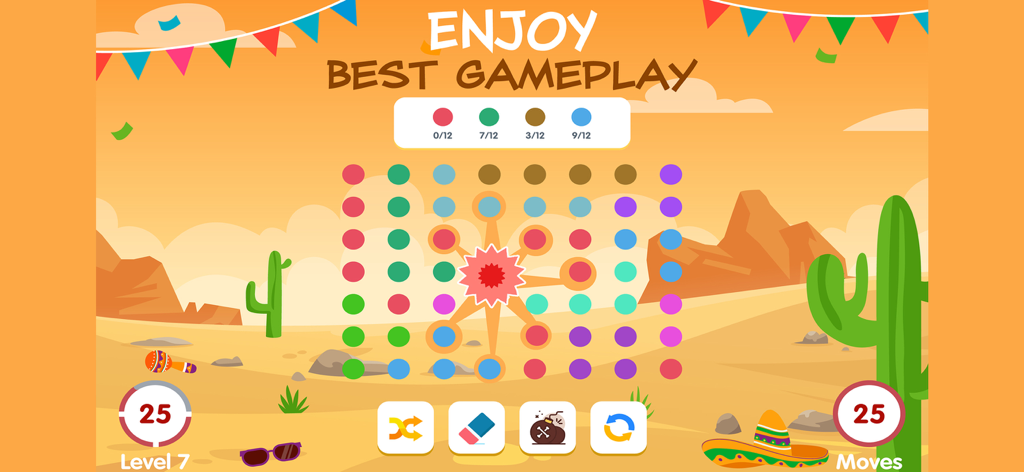 Two Link - Connect the Dots - Connect the dots puzzle game interface with a desert background and colorful grid