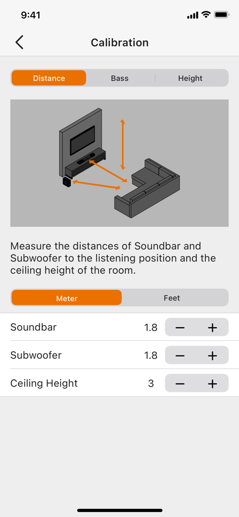 Speaker calibration interface in the Creative app for measuring soundbar and subwoofer distance to the listening position.