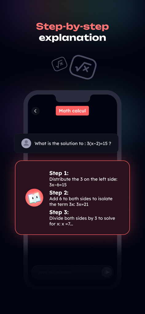 HelpMe AI app displaying a step-by-step explanation for solving a math equation