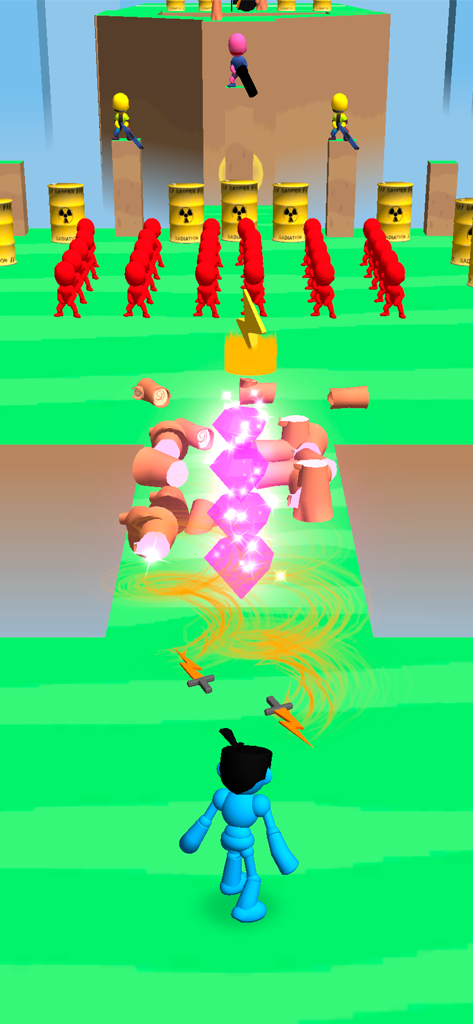 A blue character in Cut em all Blade Master facing a crowd of red enemies and collecting pink gems in a 3D arcade arena.
