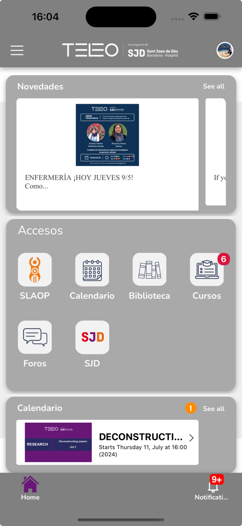 TELEO App - ニュースやコースアクセスを表示する、小児がん教育用TELEOアプリのメインダッシュボード。