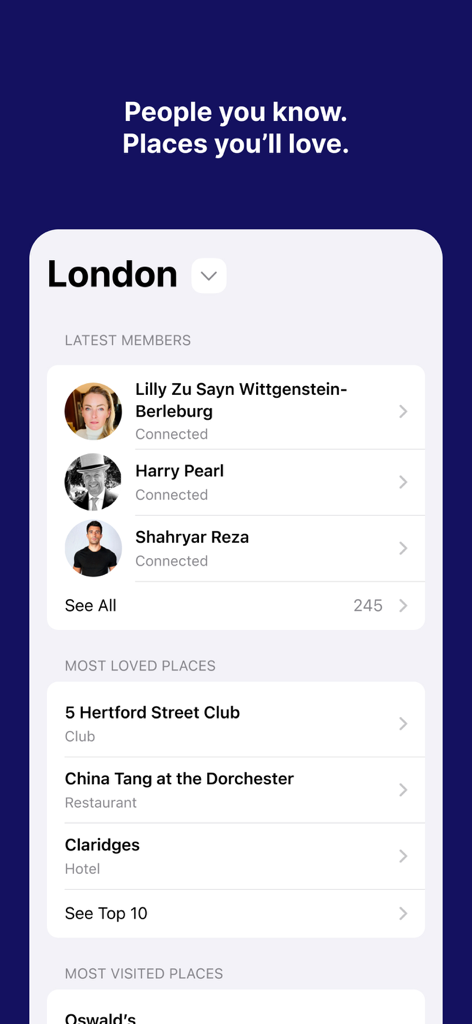 NOMO - No More Missing Out - NOMO app interface displaying latest members and most loved places in London