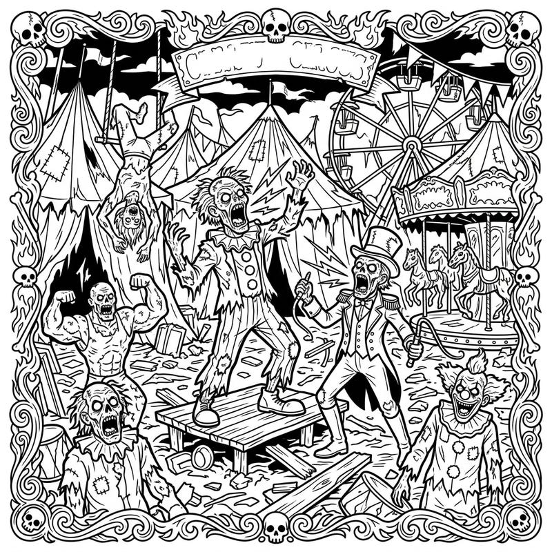 Step right up to the most terrifying show on Earth with this thrilling Screamer Zombies Carnival coloring page! Immerse yourself in a world where undead performers and gruesome attractions await your creative touch.