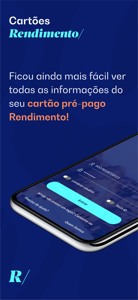 Rendimento VTM - A tela de login do aplicativo móvel Rendimento VTM em um display de smartphone mostrando campos para identificação do usuário e senha.
