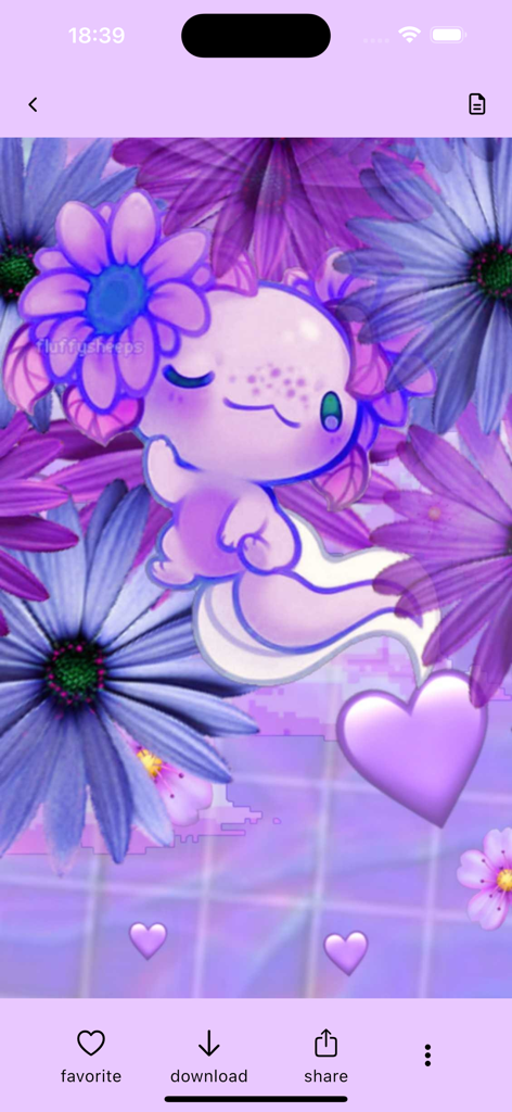 Aesthetic - Kawaii Wallpapers! - Personagem axolote roxo fofo com flores e corações papel de parede estético
