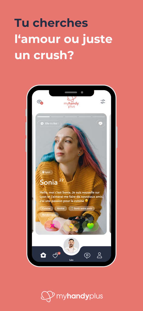MyHandyPlus - Smartphone screen displaying a user profile on the MyHandyPlus inclusive dating app
