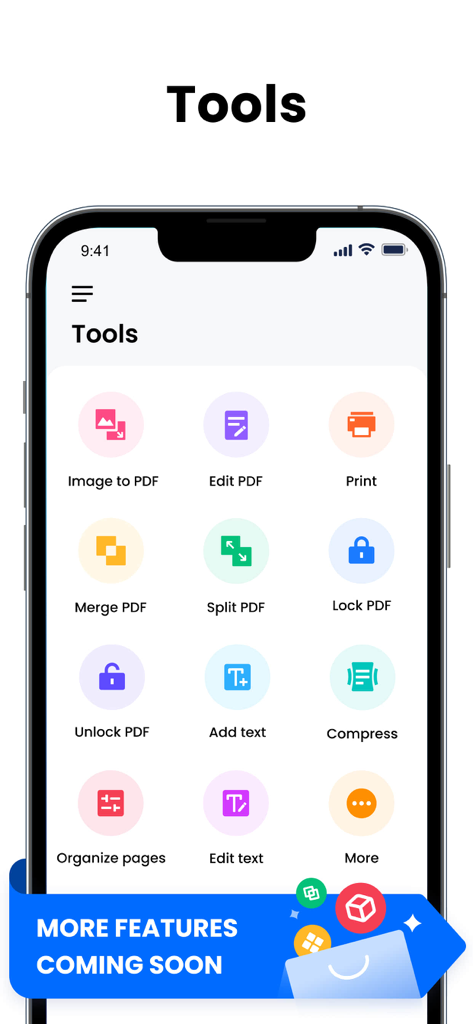 PDF Reader & PDF Editor - 結合やロックなどのさまざまなPDFユーティリティツールを表示するスマートフォンの画面