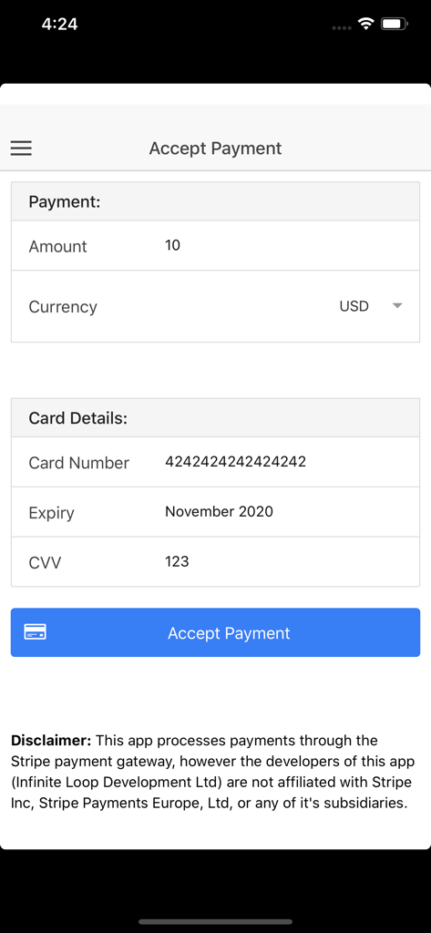 Credit Card Payment - クレジットカード情報を入力するフィールドと決済受付ボタンが表示されたモバイルアプリのインターフェース。