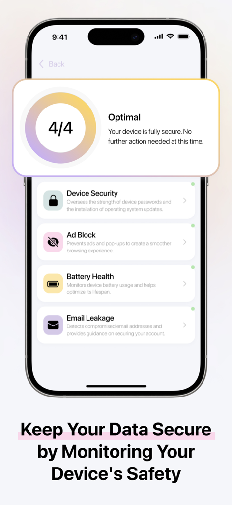 Sparkle - Cleaner App - Sparkle app security dashboard showing an optimal safety status with features like ad block and email leakage detection