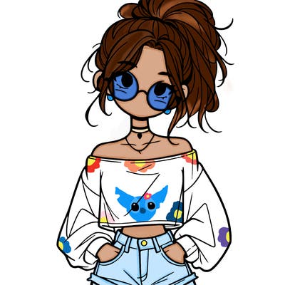 girl with a messy ponytail glasses a baggy crop top and jean shorts
