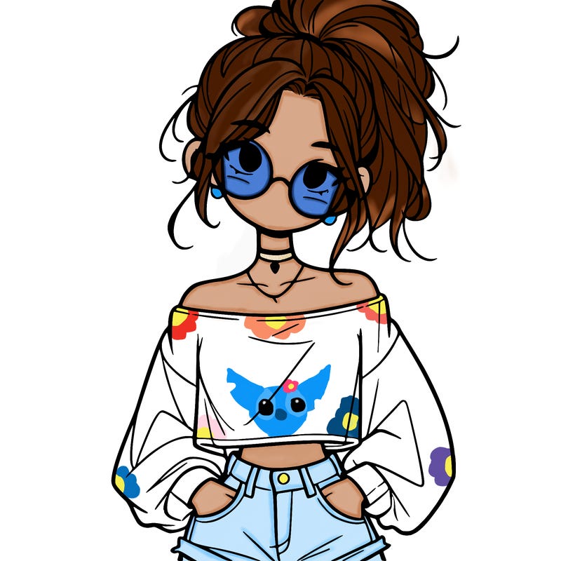 girl with a messy ponytail glasses a baggy crop top and jean shorts