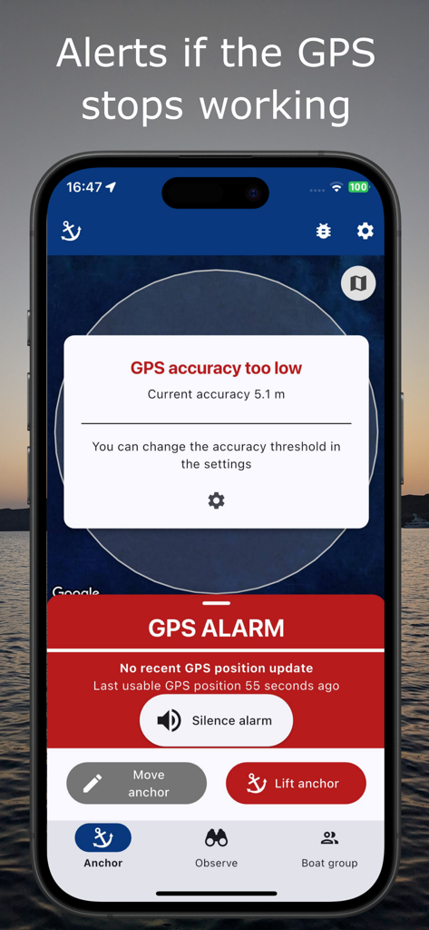 Anchor Easy: GPS Anchor Alarm - Anchor Easy mobile app screen displaying a red GPS alarm alert for low accuracy and signal loss.