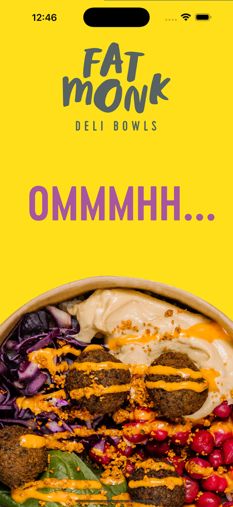 Fat Monk - Fat Monk app splash screen with a yellow background and a vibrant falafel bowl