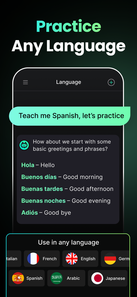 TutorCat - AI Homework Help - TutorCat app interface for practicing multiple languages including Spanish with AI assistance.