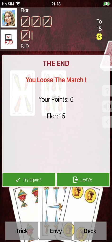 Truco FJD - Tela de resultados de partida do Truco FJD mostrando um resultado de partida com cartas espanholas e acompanhamento de pontuação