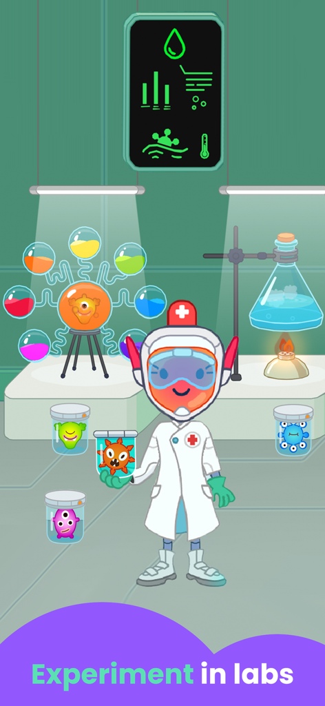 Un personaje de dibujos animados en un entorno de laboratorio de ciencias sosteniendo un frasco de bacterias para experimentos educativos.