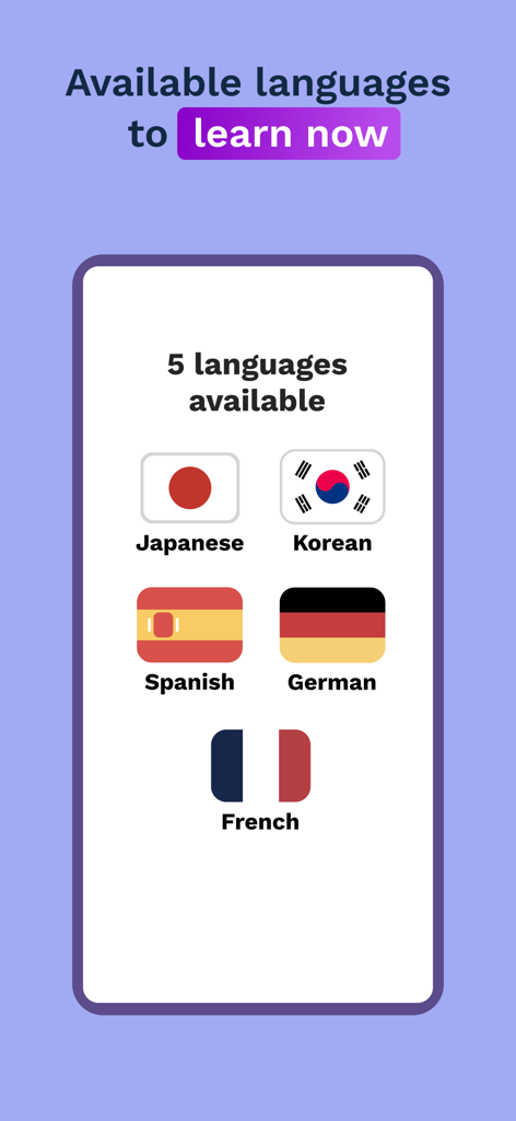 Umi - Language Learning - Pantalla de la aplicación Umi para aprender idiomas mostrando cinco idiomas disponibles: japonés, coreano, español, alemán y francés