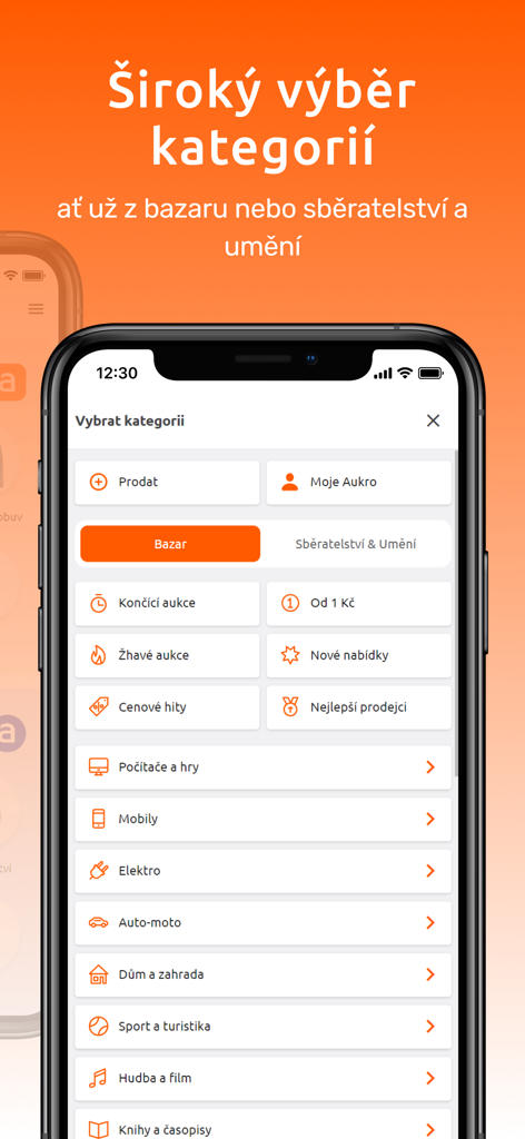 Interface de l'application mobile Aukro affichant une large sélection de catégories d'achat, y compris l'électronique, l'automobile et les objets de collection.