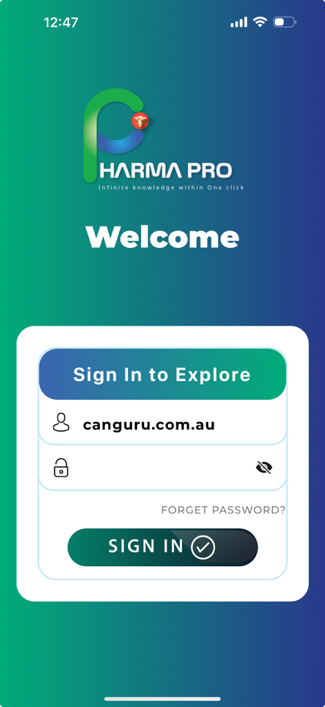 Login screen for the Pharma Pro app featuring username and password fields