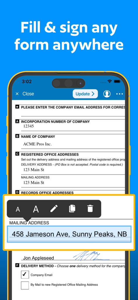 JetSign: Fill & Sign PDF Docs - JetSign mobile app interface showing a professional document being filled with text and a digital signature on a smartphone.