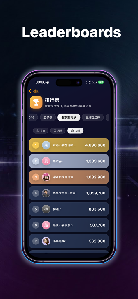 iPhone screen showing global leaderboards and player rankings for mini games