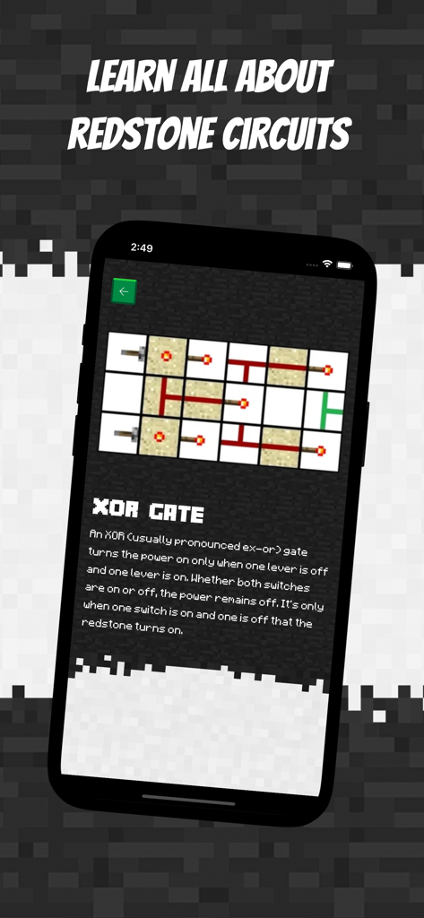 Guide for Minecraft Ultimate - A mobile app tutorial page for a Minecraft redstone XOR gate circuit including a logic diagram and explanation