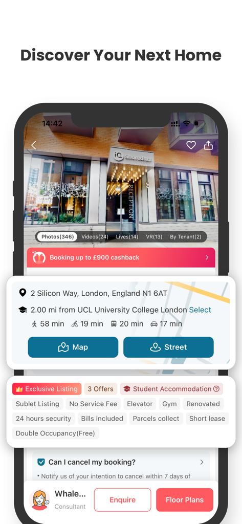 Un écran d'application mobile affichant une annonce de logement étudiant avec les détails de localisation et les commodités de la propriété.