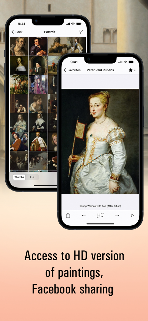 クラシックな肖像画のギャラリーとピーテル・パウル・ルーベンスによる高精細な絵画を表示するBaroque HDアプリのインターフェース