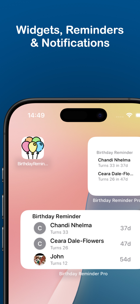 Birthday Reminder Pro - iPhone home screen displaying Birthday Reminder Pro widgets with upcoming birthday lists and app icon