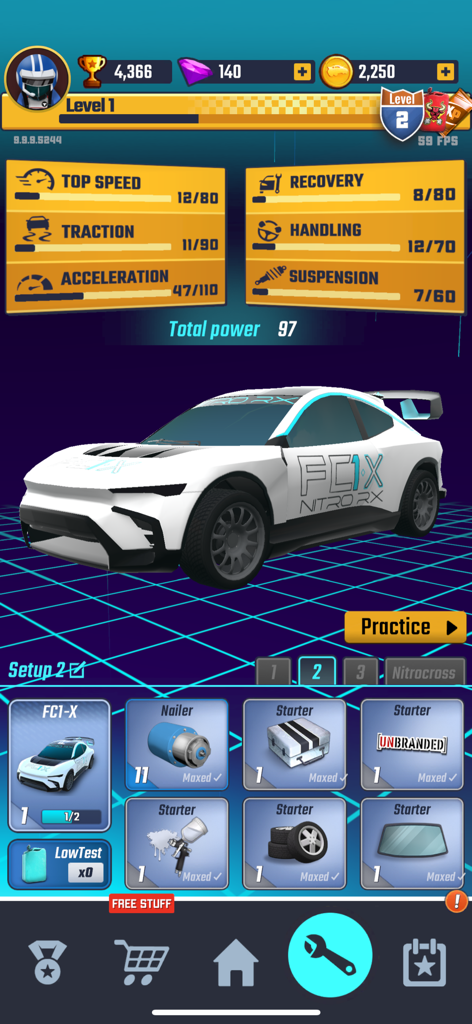 Mad Skills Rally X - Drifting! - Un coche de rally blanco en el menú de personalización de Mad Skills Rally X con estadísticas y piezas de mejora visibles.