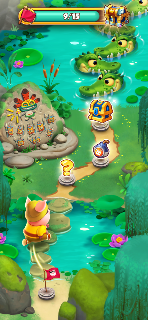 Pig character hopping on stepping stones through a jungle swamp board with crocodiles and treasure chests