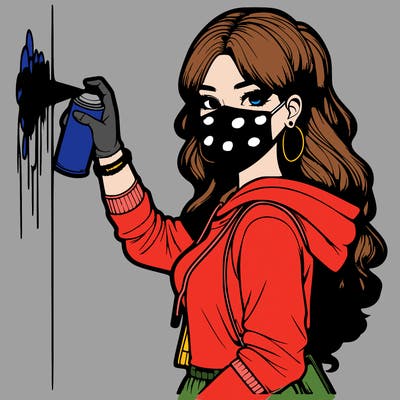realistic girl with mask spray painting a wall