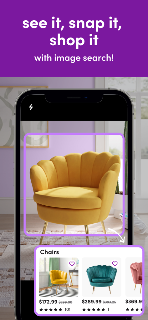 Wayfair – Shop All Things Home - Ricerca per immagini dell'app Wayfair che mostra una sedia a ventaglio gialla in fase di scansione per trovare prodotti di arredamento simili.