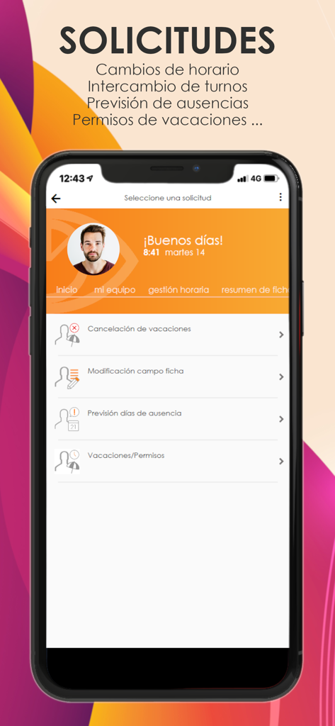 VisualTime® Portal - Interfaccia dell'app VisualTime Portal che mostra opzioni per le richieste dei dipendenti come ferie e gestione assenze