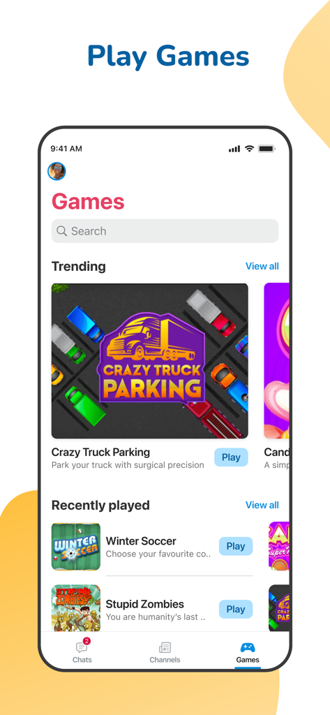 Screenshot of the Ayoba super app games section featuring mobile games like Crazy Truck Parking and Winter Soccer.