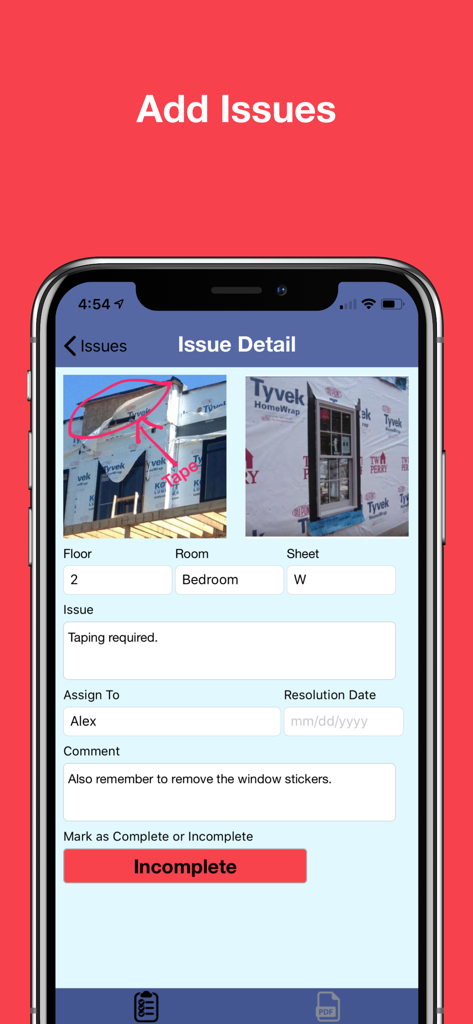 Punch List & Site Audit Report - Smartphone screen showing the Issue Detail interface of the Punch List app with photos of construction site defects and descriptive text fields.