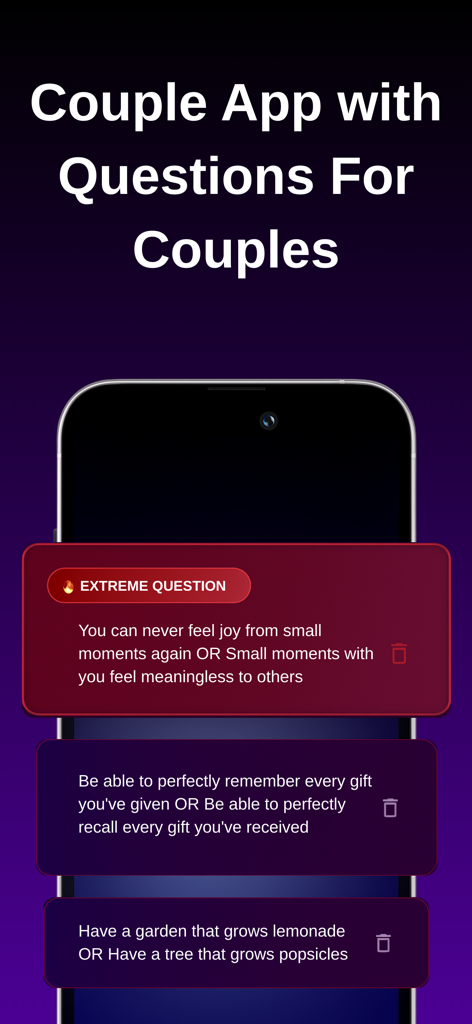 Couple App Would You Rather - Interfaz de aplicación móvil mostrando preguntas de '¿Qué Prefieres?' y dilemas de relación para parejas