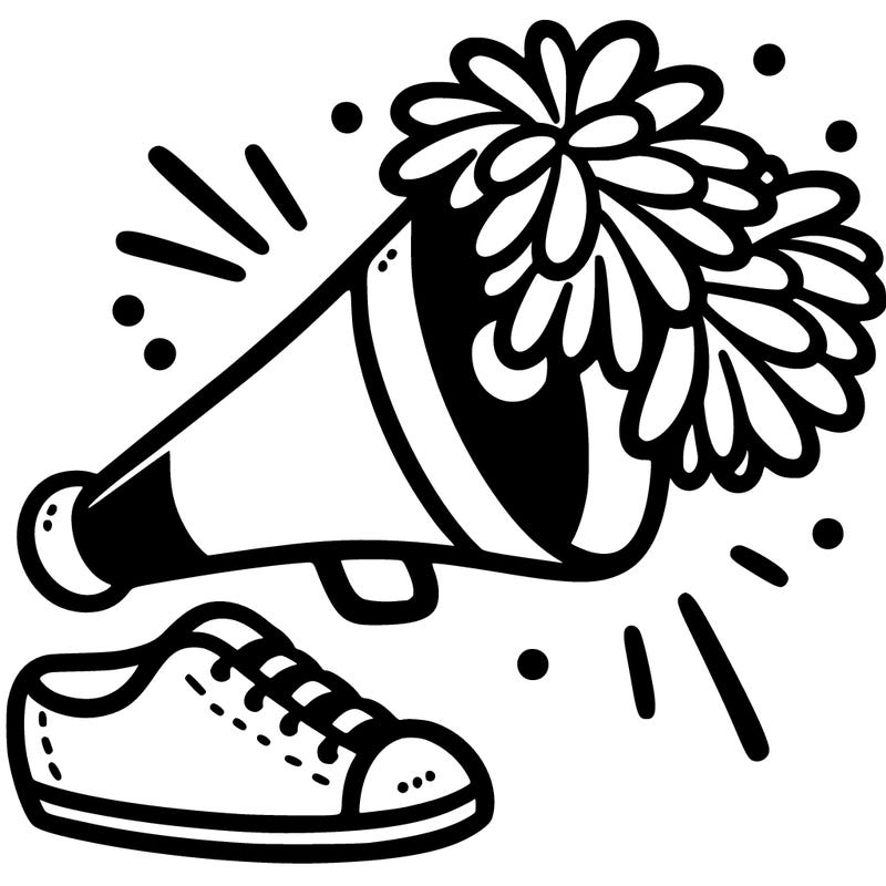 cheerleading megaphone with two pom poms on top/next to it