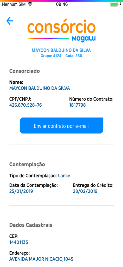 Tela do aplicativo Consórcio Magalu mostrando informações do contrato do usuário, status de contemplação e detalhes de registro