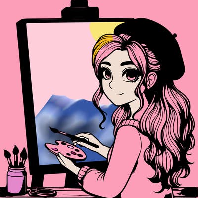 realistic girl artist painting a blank canvas