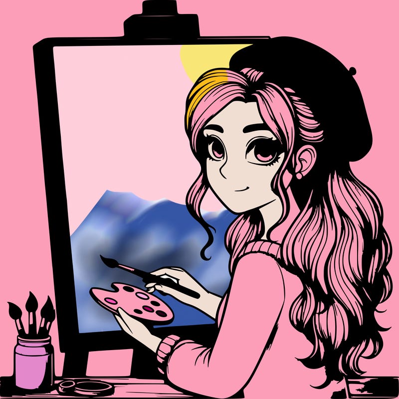 realistic girl artist painting a blank canvas