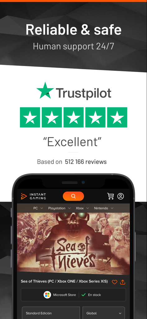 Instant Gaming App Werbebildschirm mit ausgezeichneter Trustpilot-Bewertung und Sea of Thieves-Spielangebot