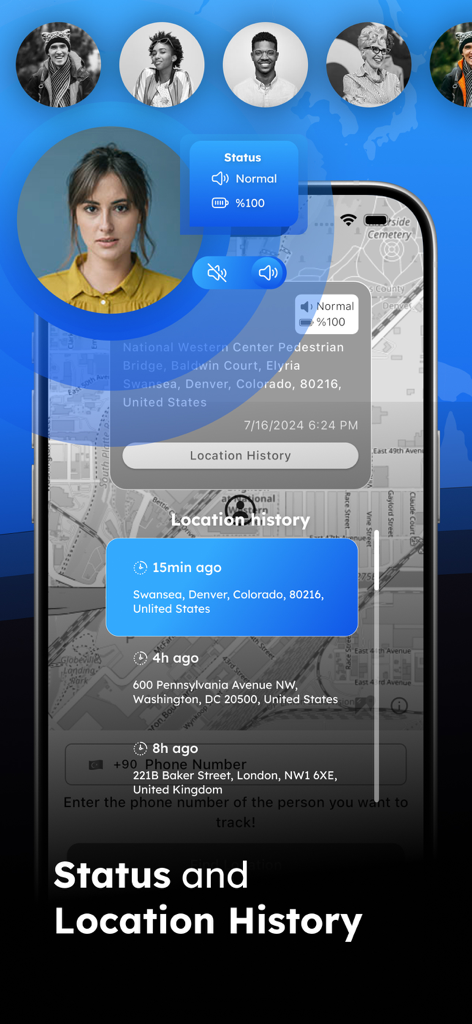 Phone Location GPS Tracker - Loc365 app screen displaying family status and detailed location history on a map