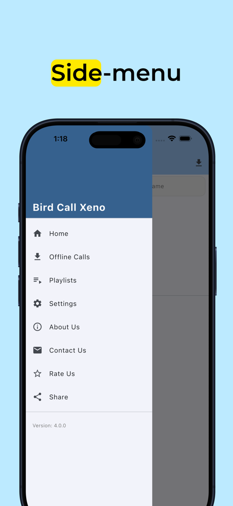 Bird Call Xeno - Bird Songs - Menú de navegación lateral de la aplicación Canto de Aves Xeno mostrando opciones para llamadas sin conexión y listas de reproducción