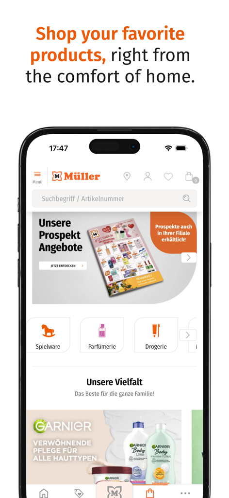 Müller - Mullerモバイルアプリのホーム画面に、商品カテゴリと特別オファーが表示されています