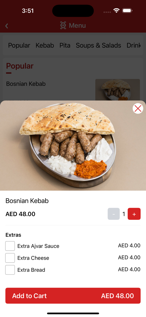 Bosnian House - Bosnian House app interface showing a Bosnian Kebab dish with price and customization options like extra sauce and bread