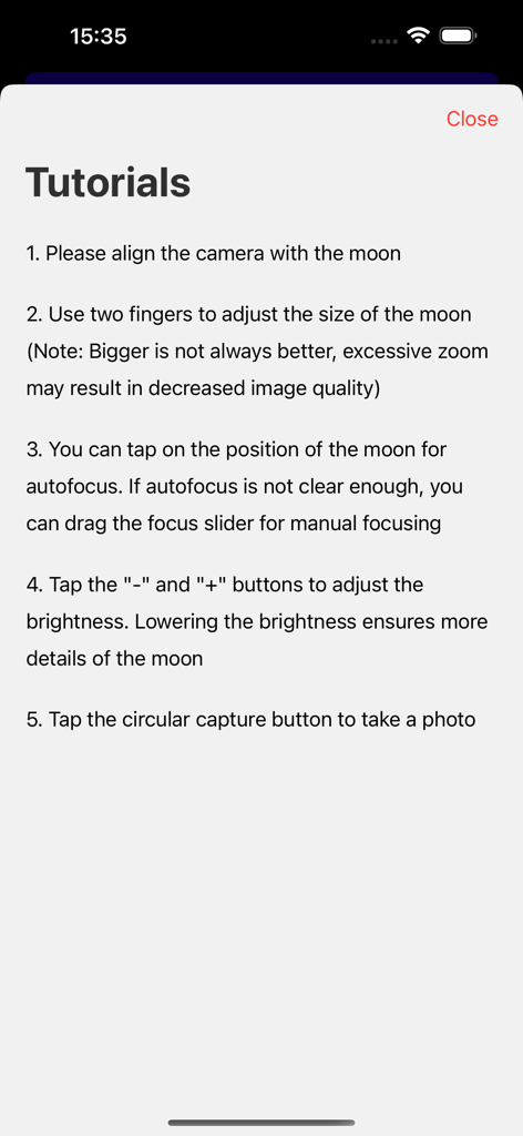 moontake 앱에서 달을 포착하기 위한 단계별 지침